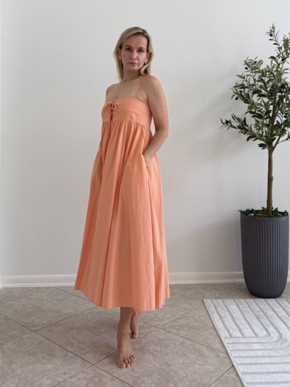 Stitchdrop Coral Cotton Maxi Dress Size S Smocked Lace Up Boho Cottagecore